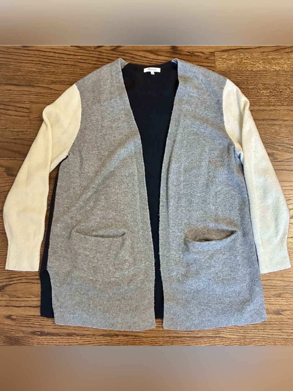 Madewell Gray and Cream Open-Front Colorblock Cardigan Large Wool Alpaca Blend